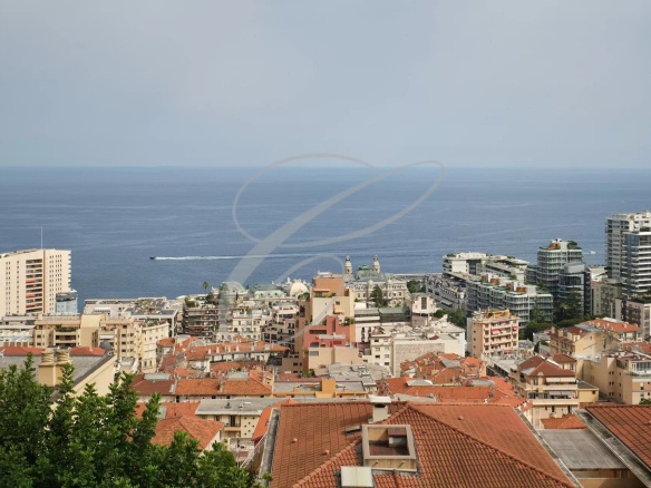 Panoramic view of Beausoleil and the Mediterranean Sea, with modern and old buildings.