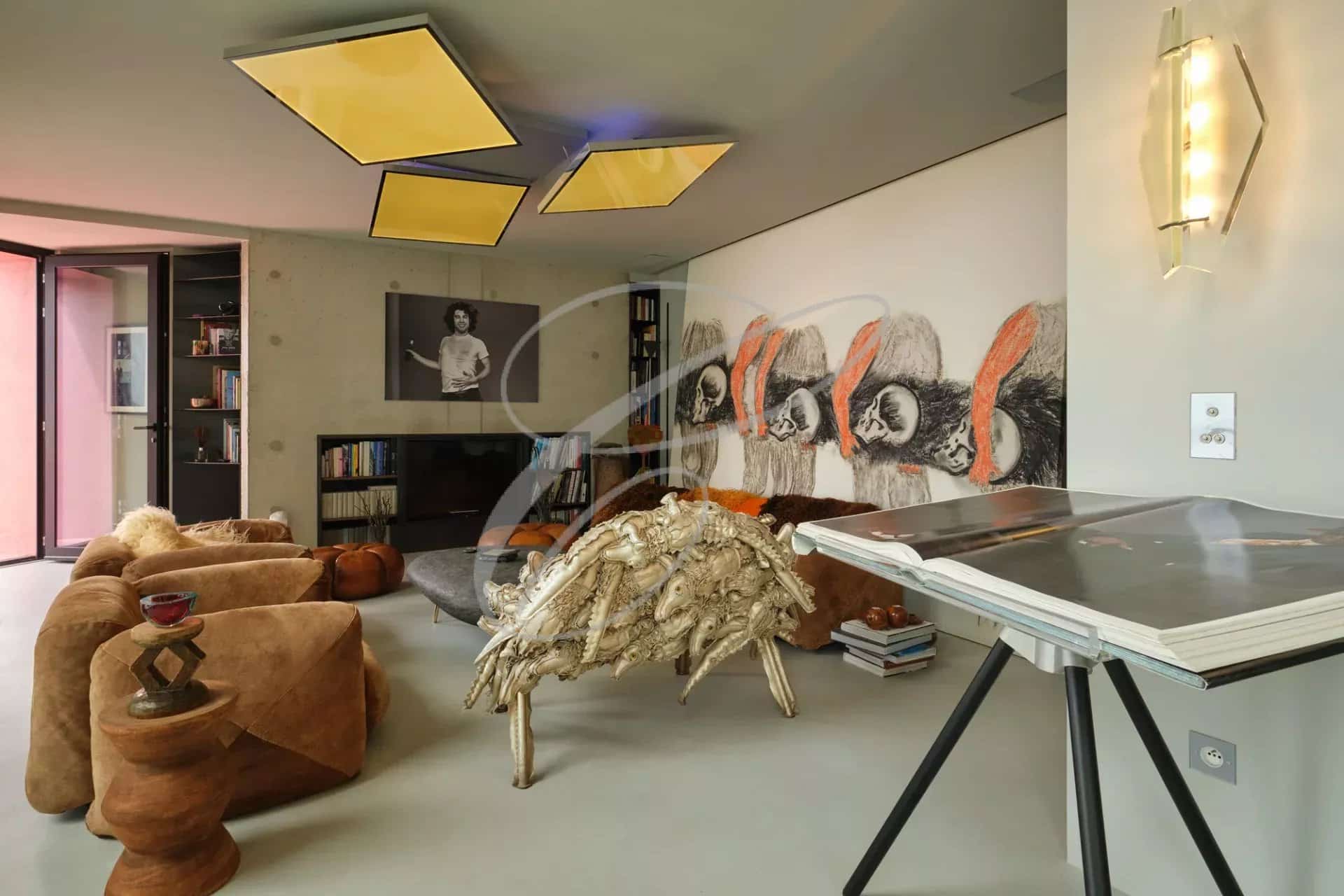 Interior of a contemporary villa in Roquebrune-Cap-Martin with modern furniture and works of art.