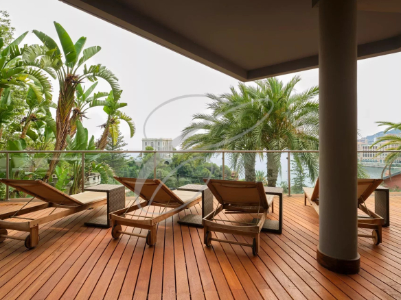 Terrasse d'une villa contemporaine avec chaises longues et vue sur la végétation luxuriante.