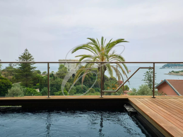 Vue depuis une villa contemporaine avec piscine, palmiers et mer en arrière-plan à Roquebrune-Cap-Martin.