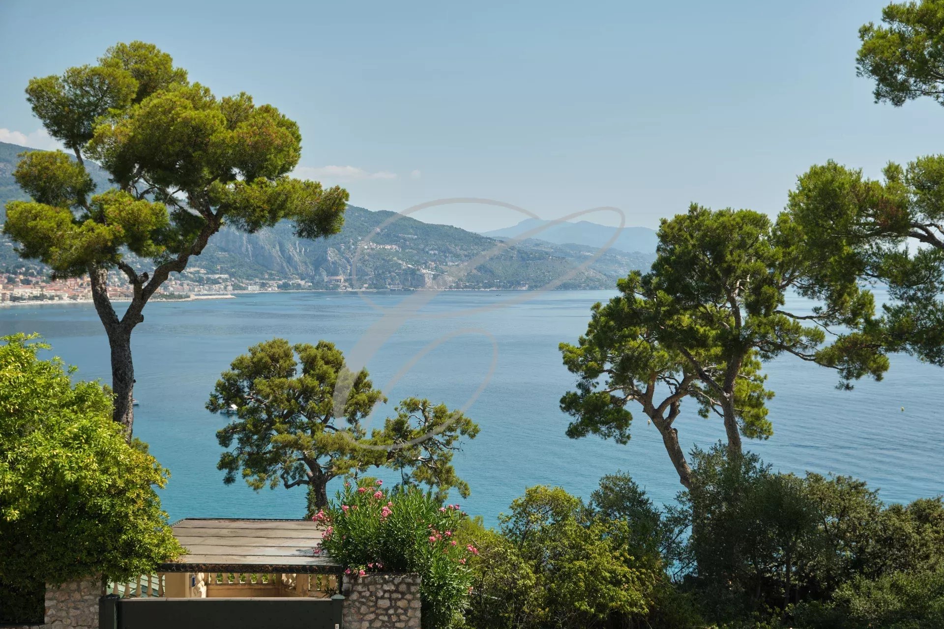 Panoramic sea view at Cap Martin Sea view from a villa with trees on Cap Martin.