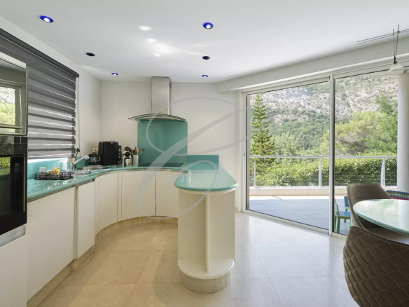 Cuisine moderne ouverte avec vue sur la nature, équipée et lumineuse.