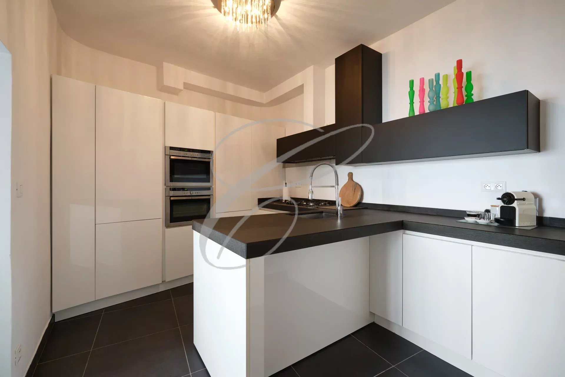 Villa kitchen in Roquebrune-Cap-Martin Modern kitchen with central island and integrated appliances.