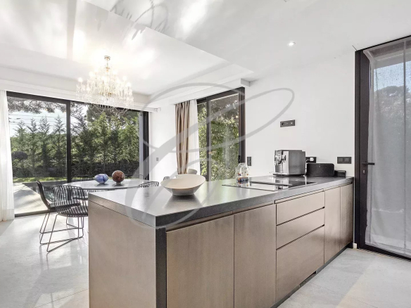 Cuisine moderne d'une villa contemporaine avec vue sur le jardin à Roquebrune-Cap-Martin.