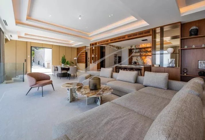 Intérieur d'une villa contemporaine à Beausoleil avec salon spacieux et mobilier moderne.