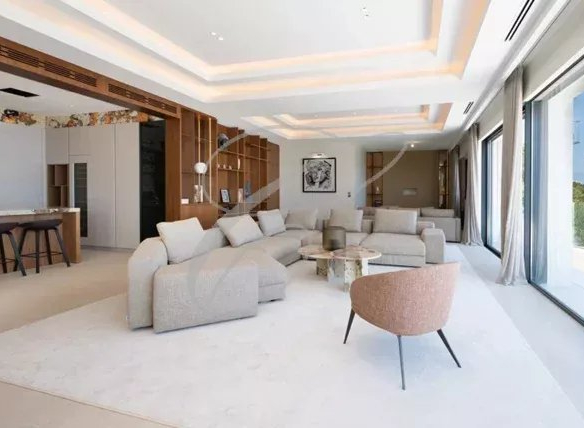 Intérieur d'une villa contemporaine à Beausoleil avec salon spacieux et cuisine ouverte.
