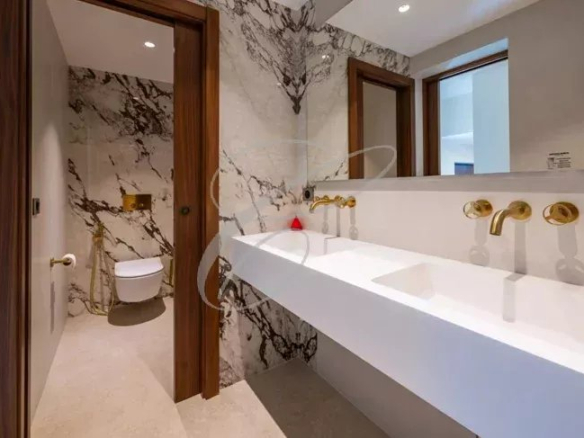 Salle de bains moderne avec lavabo double et toilettes, décorée de marbre.