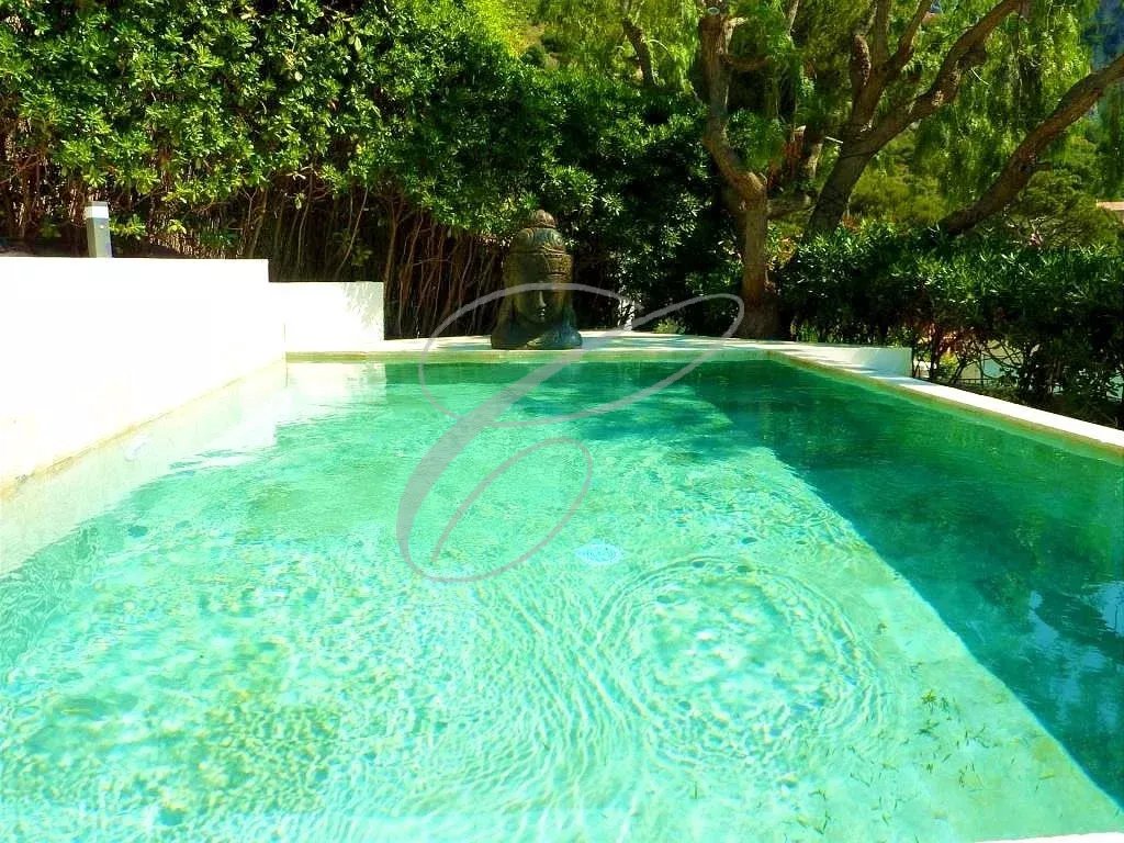 Piscine d'une villa avec vue sur la mer à Èze, entourée de verdure.