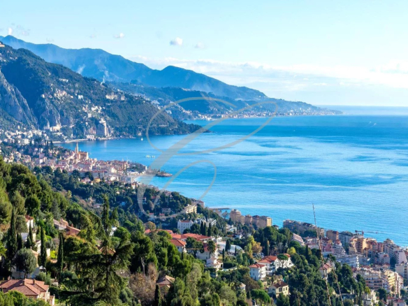 Panoramic view of the sea and coast from a villa in Roquebrune-Cap-Martin.