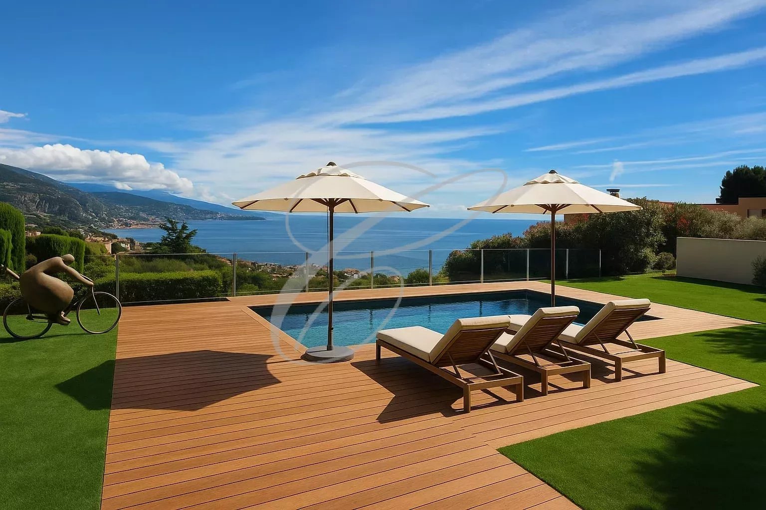 Modern villa with sea view in Roquebrune-Cap-Martin View of a modern villa with swimming pool, sun loungers and parasols, overlooking the sea in Roquebrune-Cap-Martin.