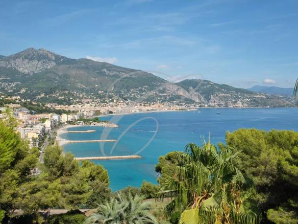 Vue panoramique sur la mer et les montagnes depuis Cap Martin, avec des palmiers au premier plan.