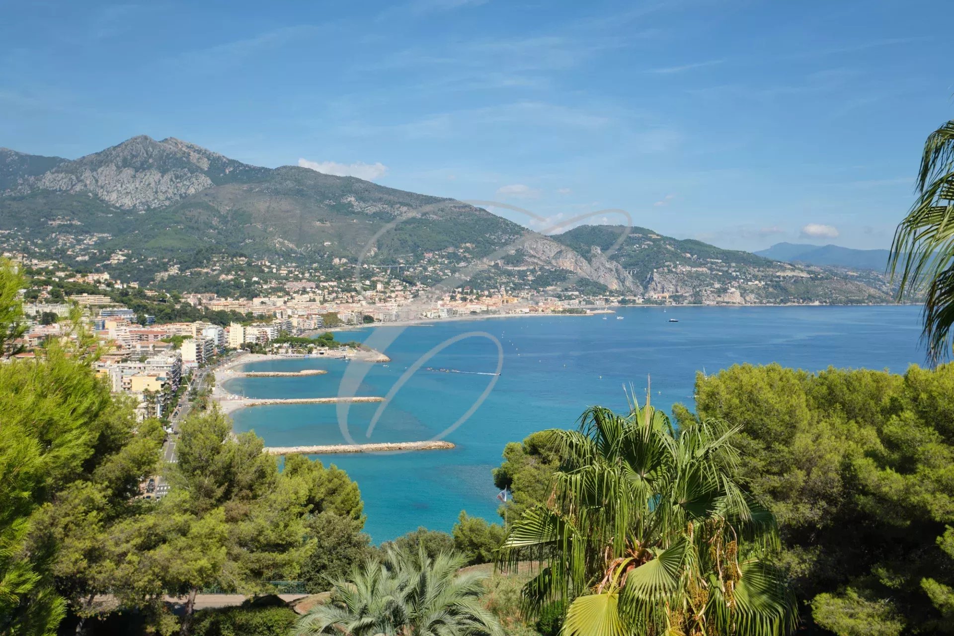 Vue panoramique sur la mer et les montagnes depuis Cap Martin, avec des palmiers au premier plan.