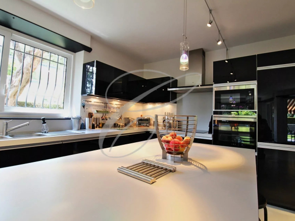 Cuisine moderne avec îlot central et vue sur le jardin, dans un appartement à Roquebrune-Cap-Martin.