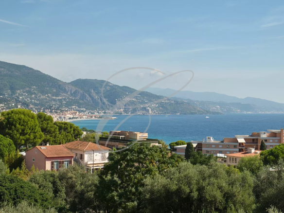 Vue panoramique sur la mer et Monaco depuis Roquebrune-Cap-Martin, avec des bâtiments et des arbres au premier plan.