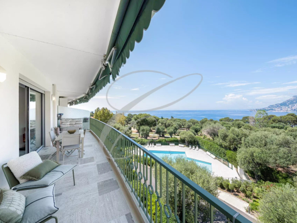 Balcon d'un appartement avec vue panoramique sur la mer et Monaco, piscine en contrebas.