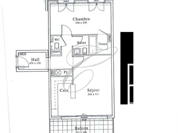 Plan d'un appartement 2 pièces avec séjour, chambre, salle de bains, cuisine et balcon.