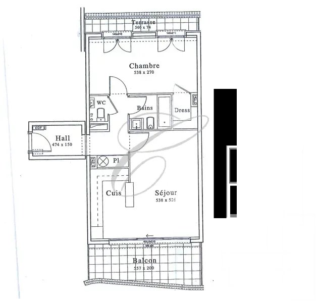 Plan d'un appartement 2 pièces avec séjour, chambre, salle de bains, cuisine et balcon.