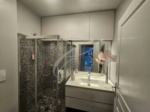 Salle de bain moderne avec douche et double vasque dans un appartement rénové.
