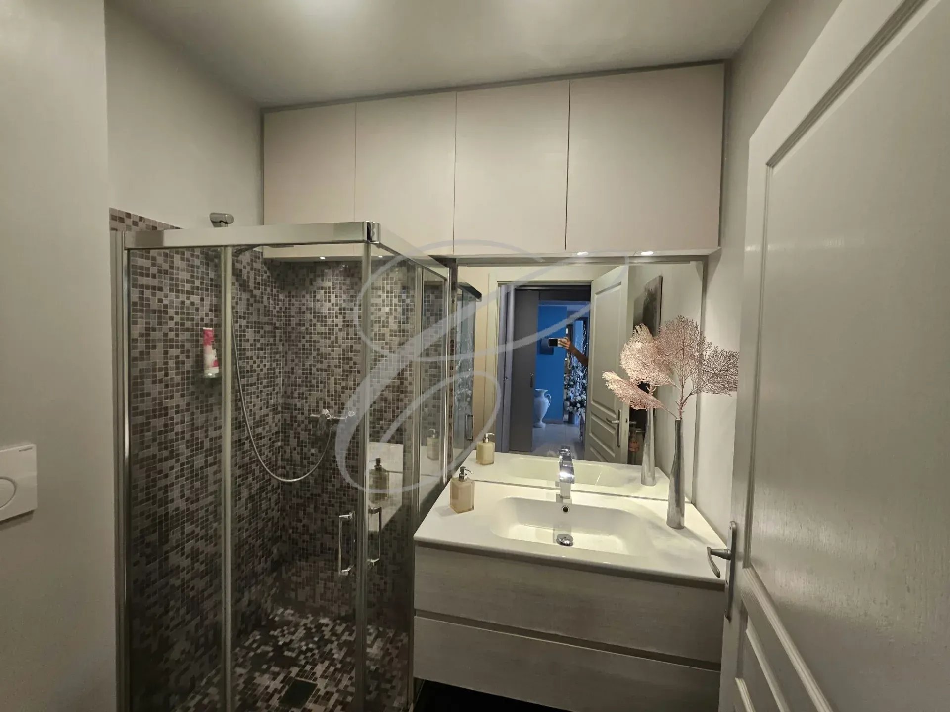 Salle de bain moderne avec douche et double vasque dans un appartement rénové.