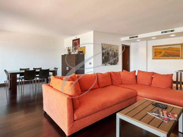 Intérieur d'un appartement de 3/4 pièces avec un grand séjour et un canapé orange.