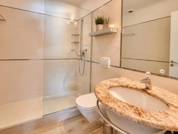 Salle de bain moderne avec douche, lavabo en marbre et toilettes.