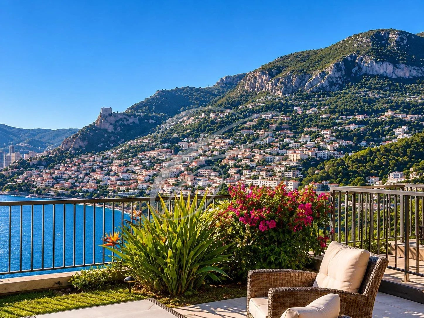 Vue sur la baie de Monaco Vue panoramique sur la baie de Monaco depuis une terrasse avec des plantes et un fauteuil.