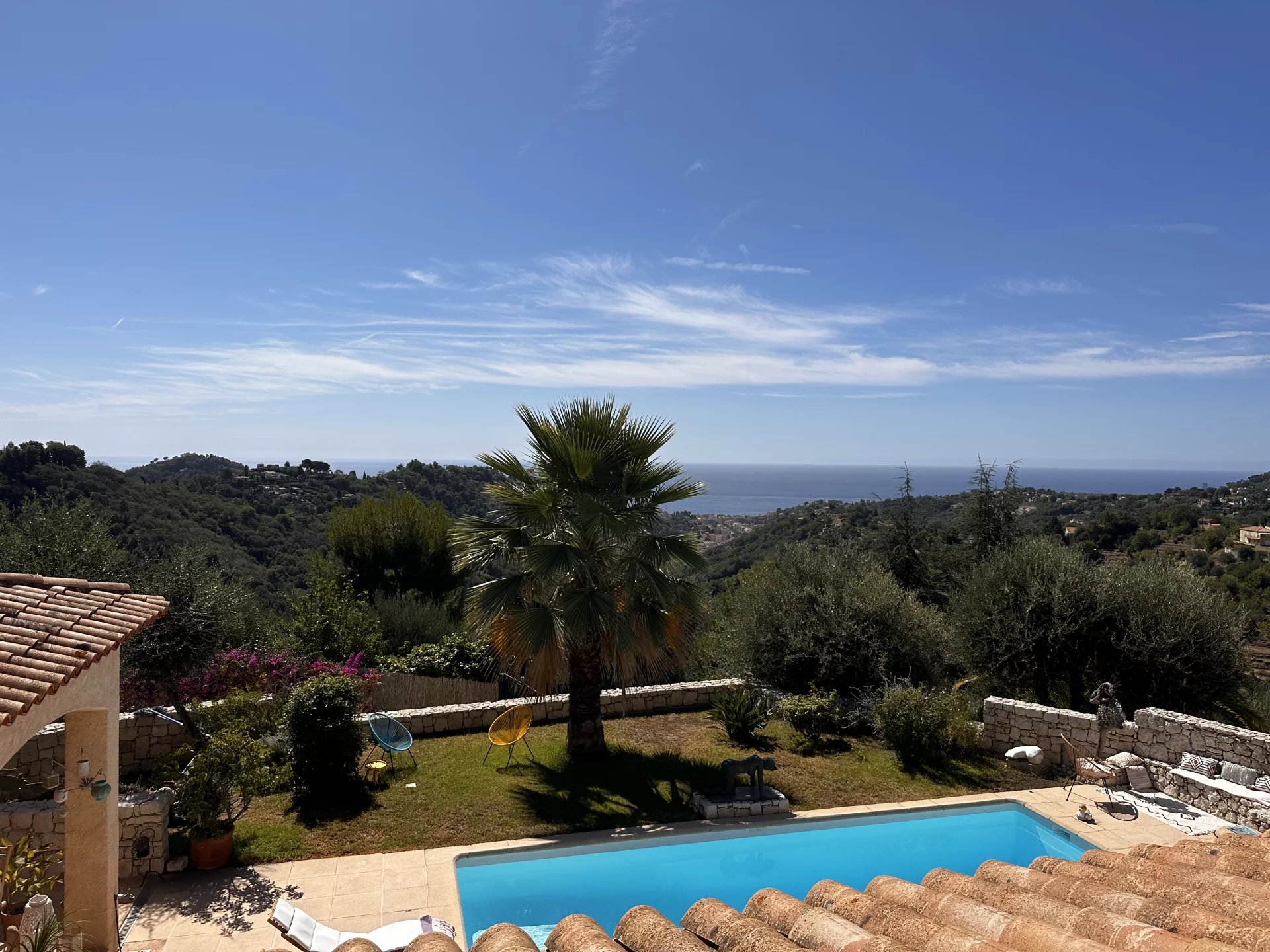 Vue d'une villa avec piscine et jardin, mer au loin, sous un ciel bleu.