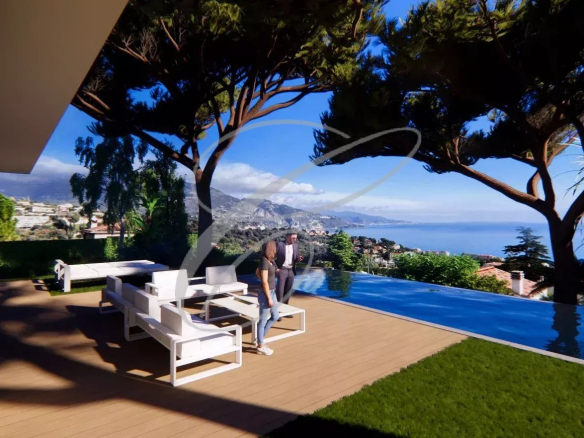 Vue d'une luxueuse villa contemporaine avec piscine à débordement et jardin à Roquebrune-Cap-Martin.