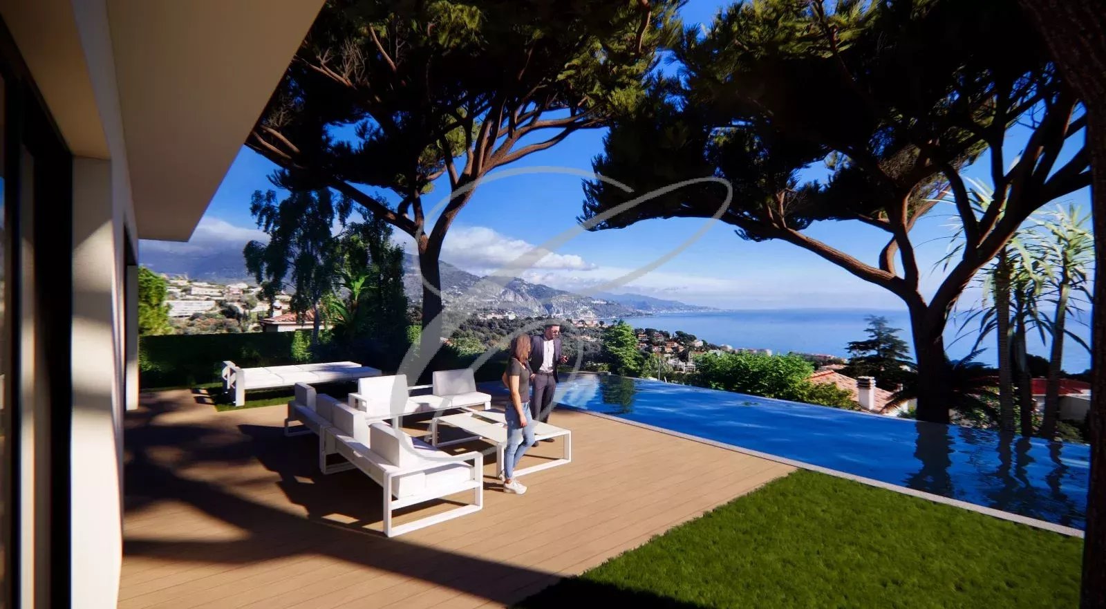 Vue d'une luxueuse villa contemporaine avec piscine à débordement et jardin à Roquebrune-Cap-Martin.