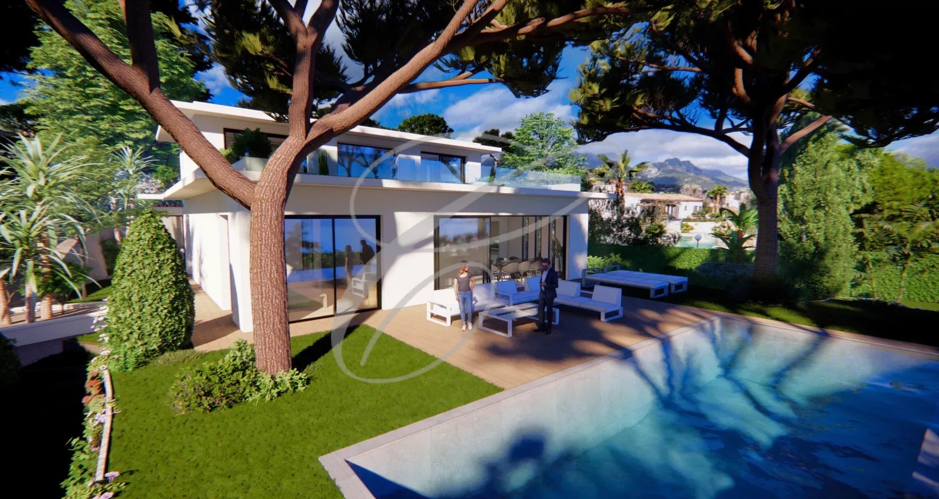 Vue d'une luxueuse villa contemporaine avec piscine à débordement et jardin à Roquebrune-Cap-Martin.