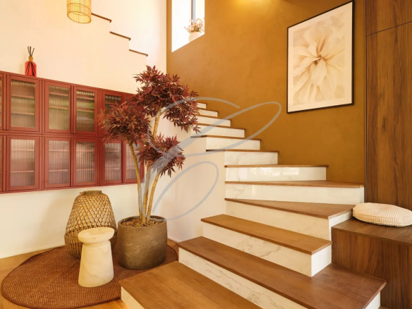 Escalier menant à l'étage d'une propriété rénovée avec décoration moderne et plante d'intérieur.