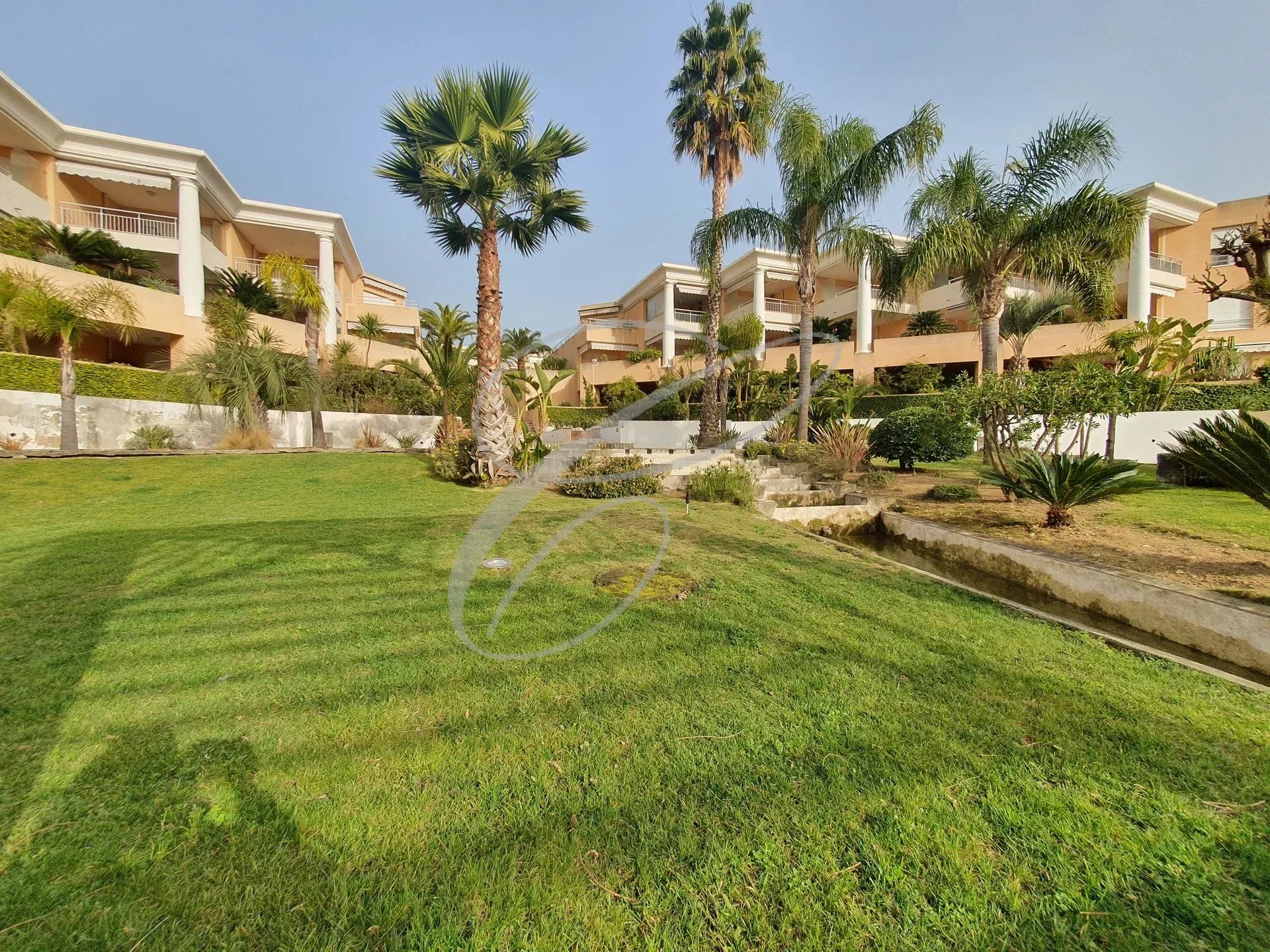Residential garden in Roquebrune-Cap-Martin View of the garden of a luxury residence in Roquebrune-Cap-Martin, with swimming pool and palm tree.