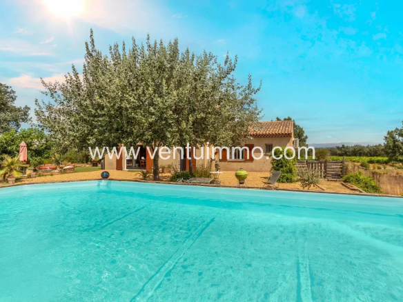 View of the above-ground pool and the wooded garden around the house in La Garde-Freinet.