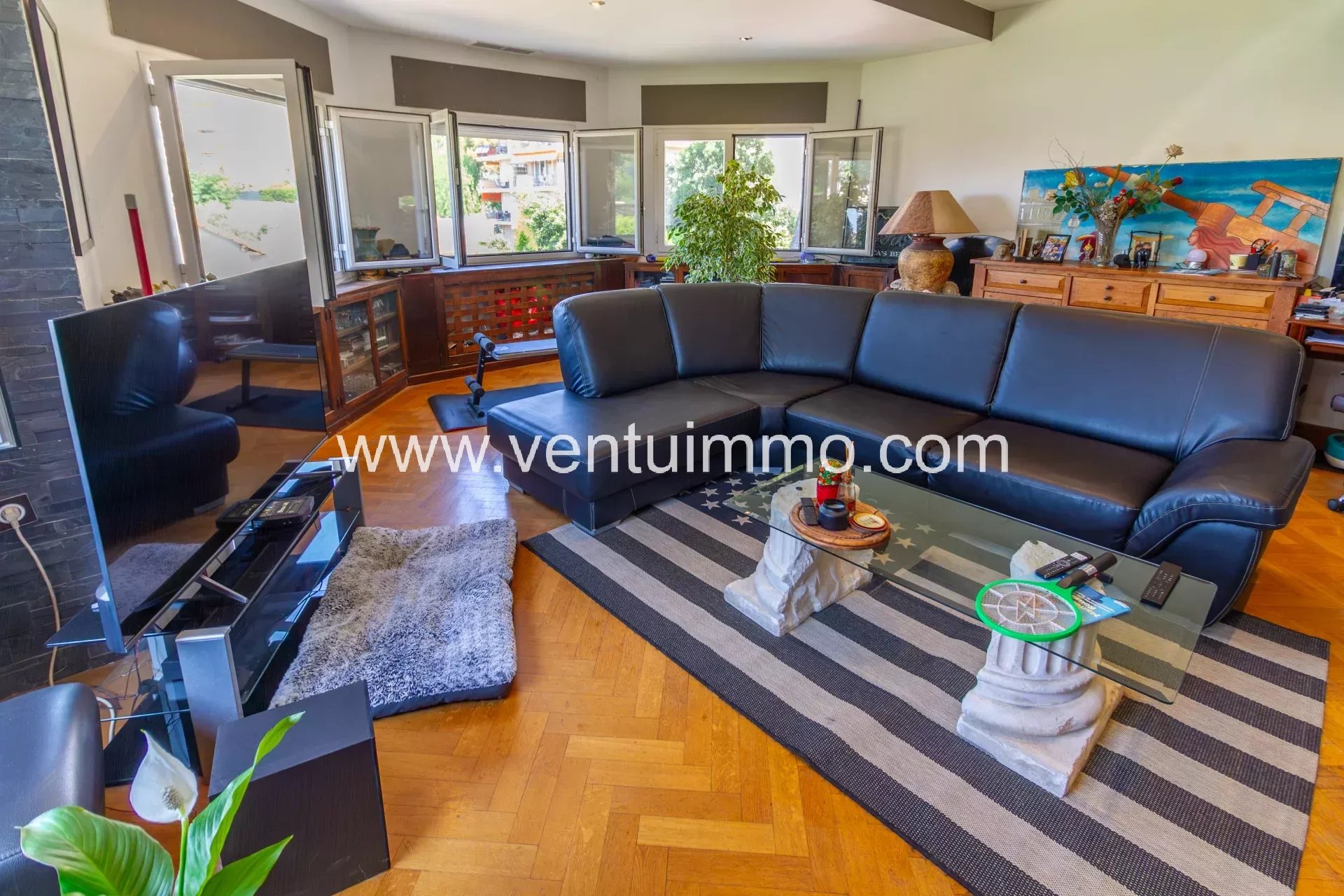 Salon moderne à Cagnes-sur-Mer Intérieur d'un salon moderne avec canapé noir et télévision, Cagnes-sur-Mer