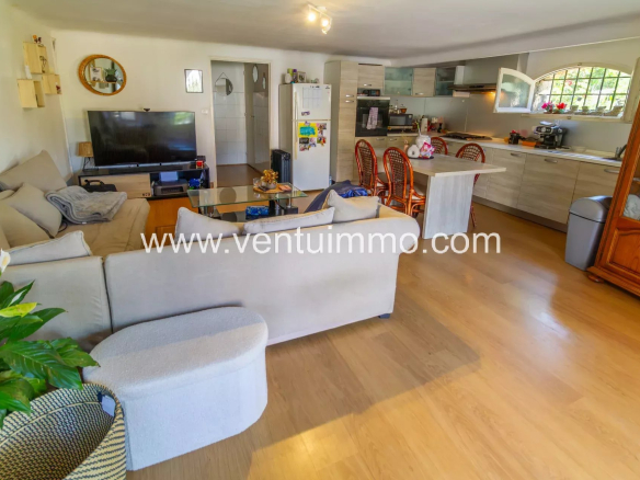 Intérieur d'un salon lumineux avec canapé et cuisine ouverte dans une propriété à Cagnes-sur-Mer.