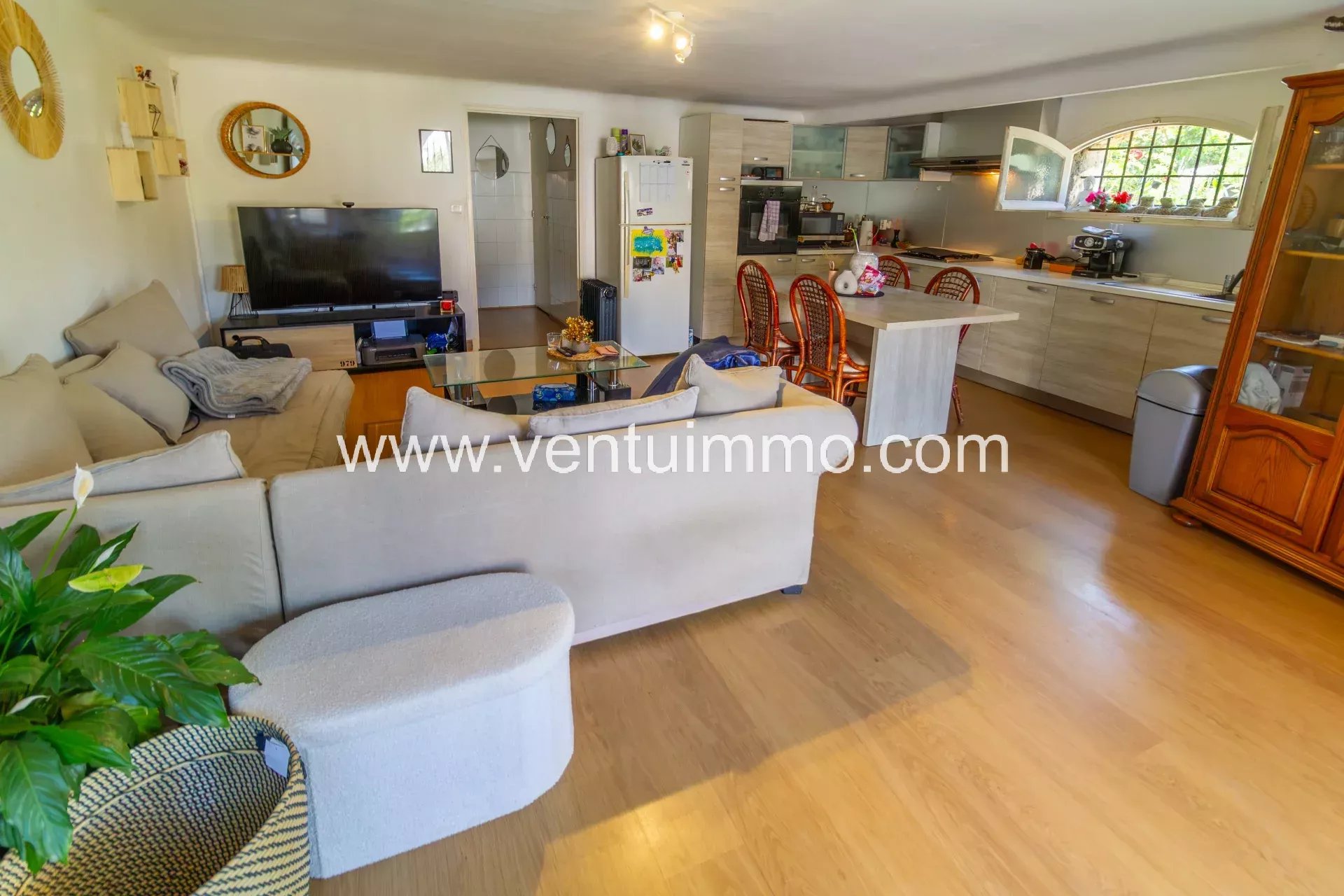 Salon d’une propriété à Cagnes-sur-Mer Intérieur d'un salon lumineux avec canapé et cuisine ouverte dans une propriété à Cagnes-sur-Mer.