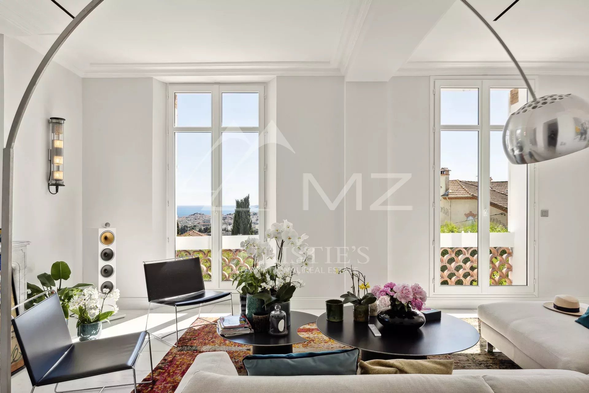 Interior of a renovated villa with sea views, bright and modern living room in Le Cannet.