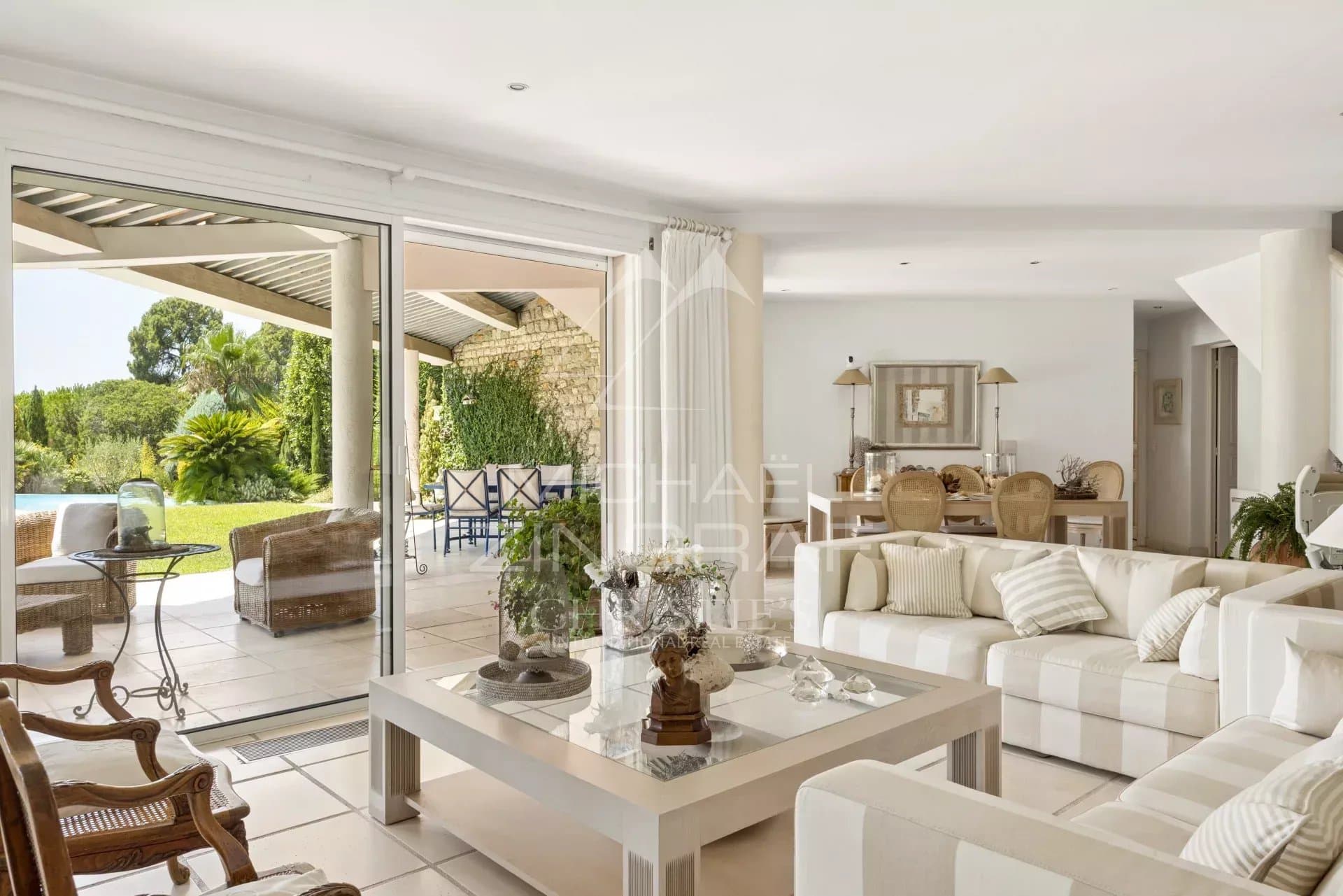 Interior of a modern property in Cannes with views of the sea and the Esterel mountains.