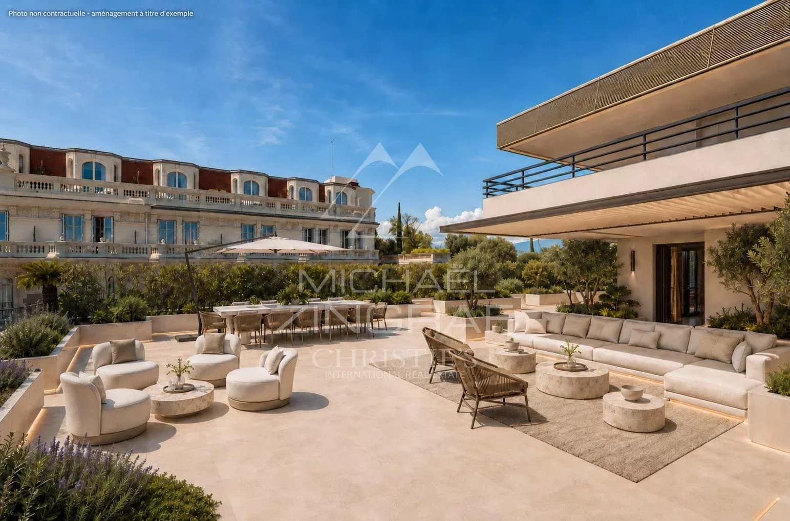 Terrace of a penthouse in Cannes with modern furniture and unobstructed view.