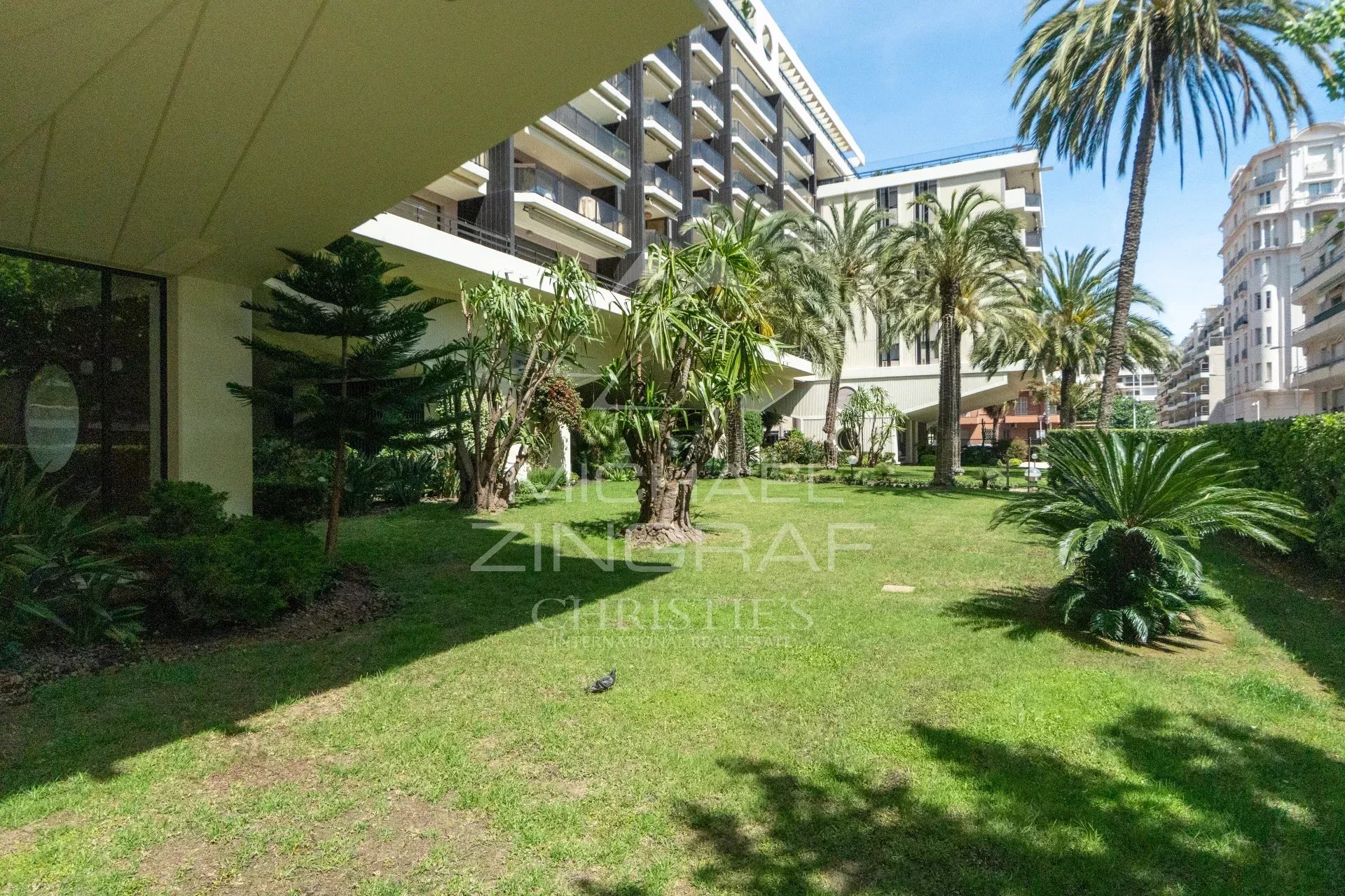 A lush garden with palm trees and modern buildings in Cannes