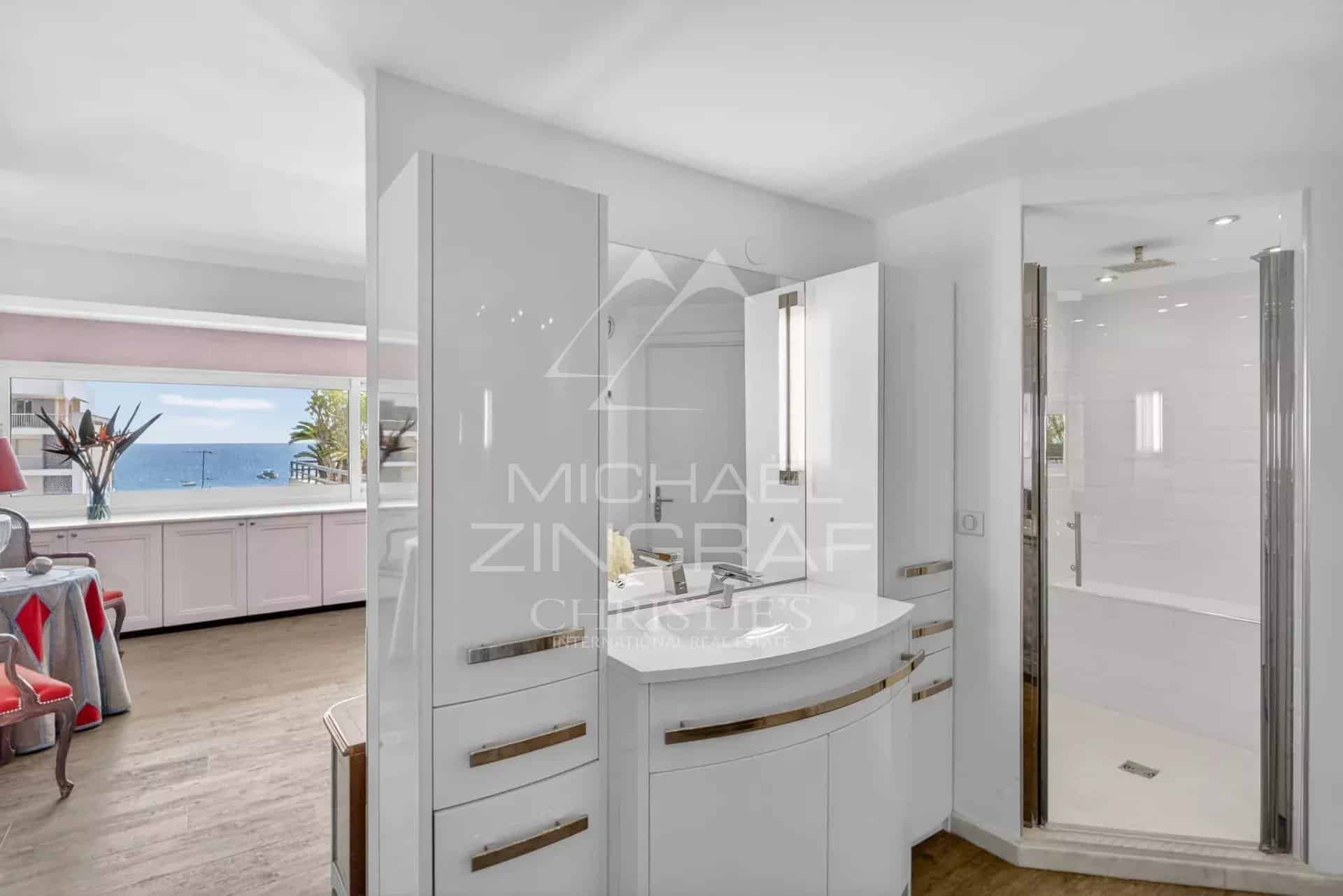 Modern bathroom with sea view, apartment in Cannes.