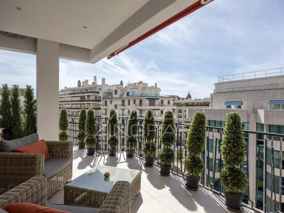 Terrasse d'un appartement à Cannes avec vue sur la ville et des plantes en pot.