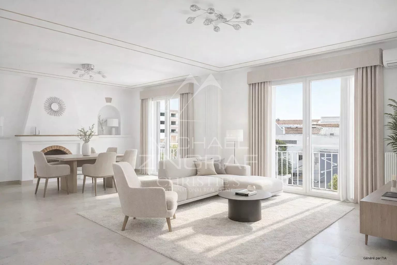Appartement lumineux à Cannes Intérieur d'un appartement lumineux avec salon moderne et vue sur la mer.