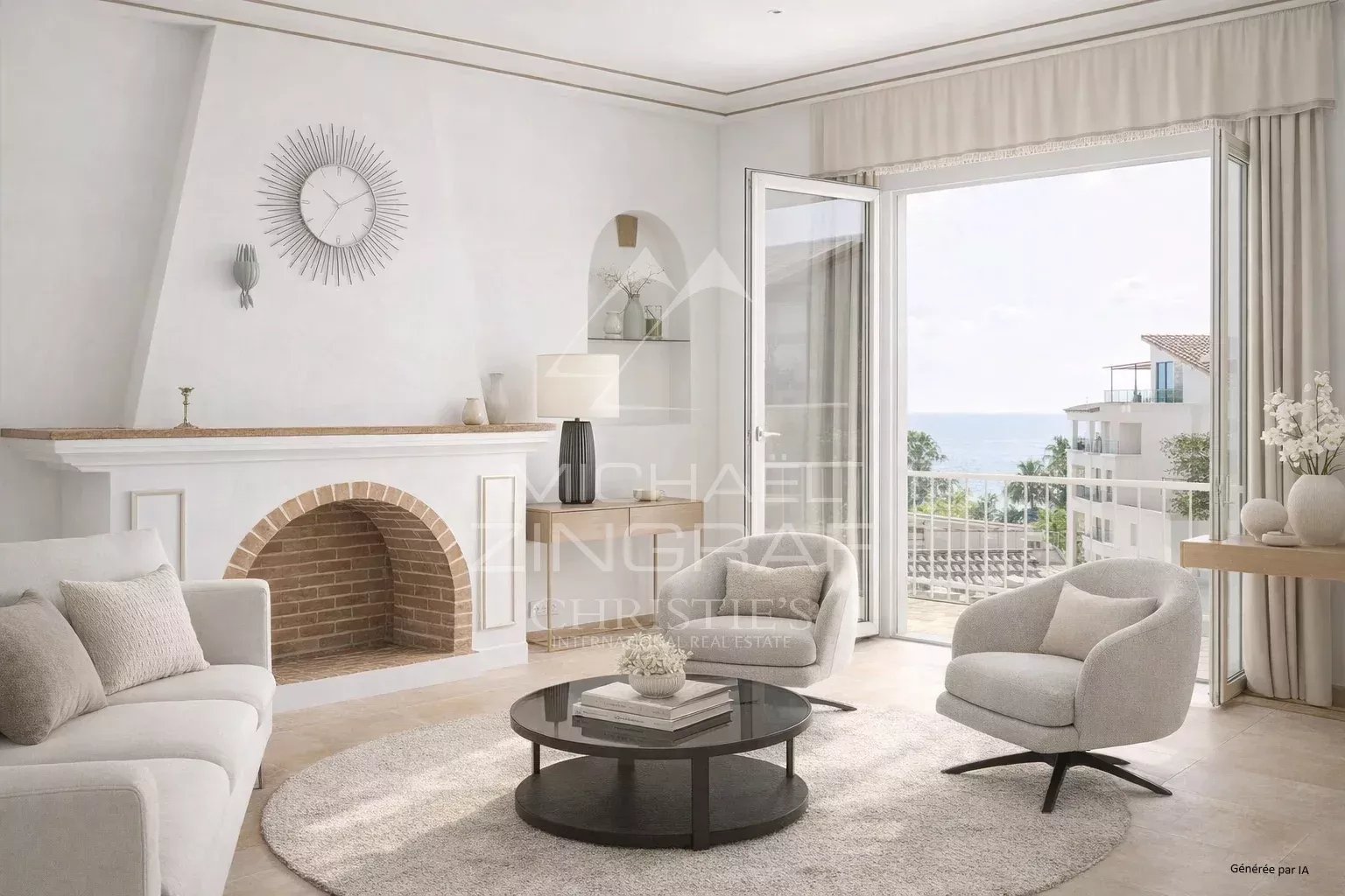 Salon d’appartement à Cannes Salon lumineux d'un appartement avec vue sur la mer, cheminée et mobilier moderne.