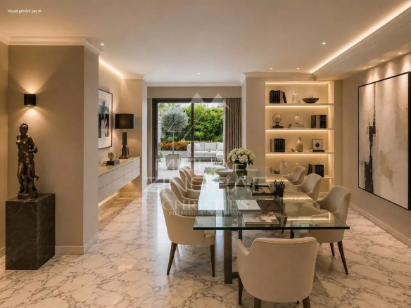 Interior of a modern apartment in Cannes with elegant dining room and access to the terrace.