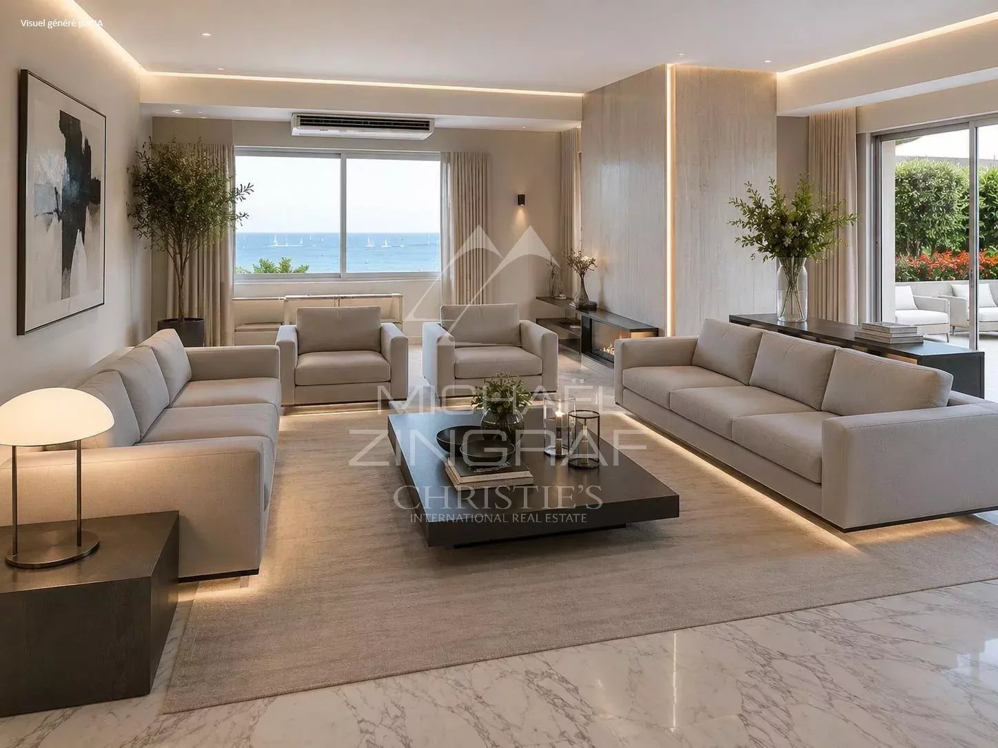 Spacious living room in a Cannes apartment with sea view and access to a terrace.