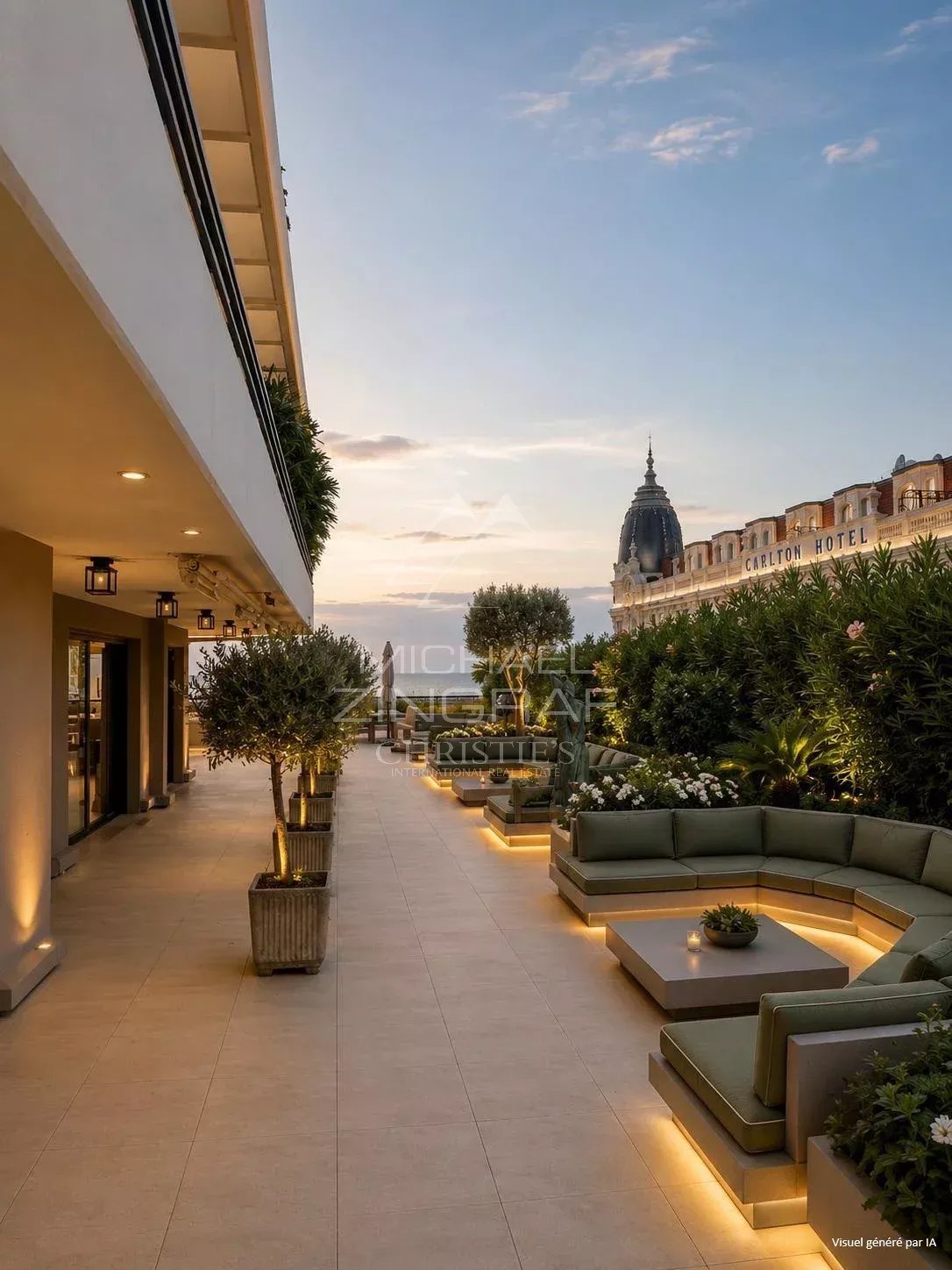 Spacious terrace with views of the sea and the Carlton in Cannes, modern furniture and greenery.