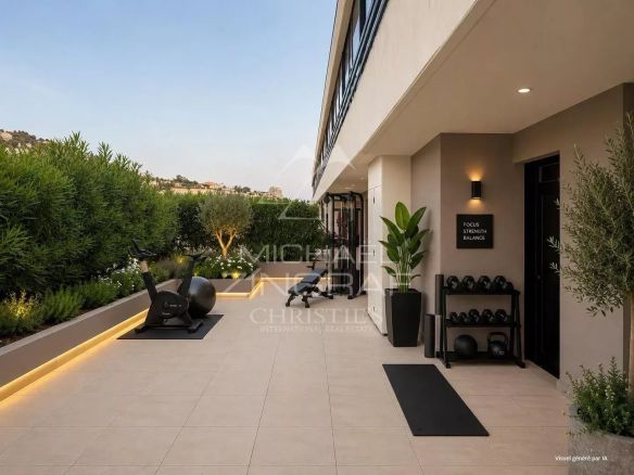 Spacious terrace of an apartment in Cannes with fitness equipment and unobstructed views.