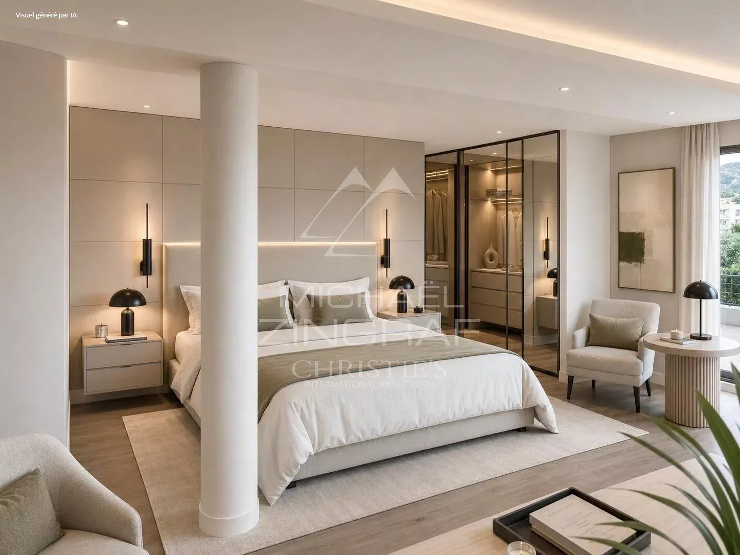 Bedroom in a modern apartment with a king-size bed, elegant decor and natural light.