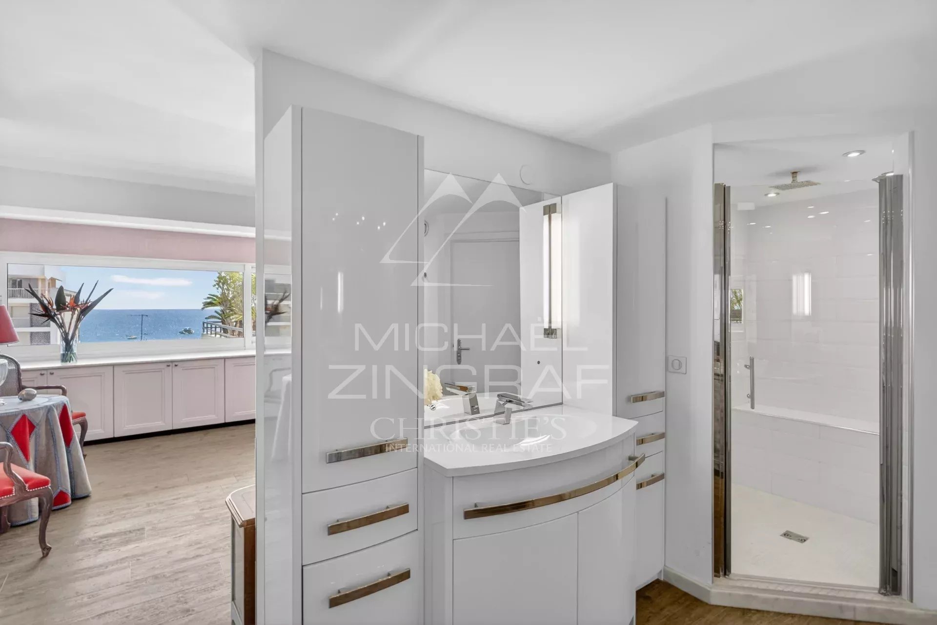 Modern bathroom with shower and sea view in Cannes